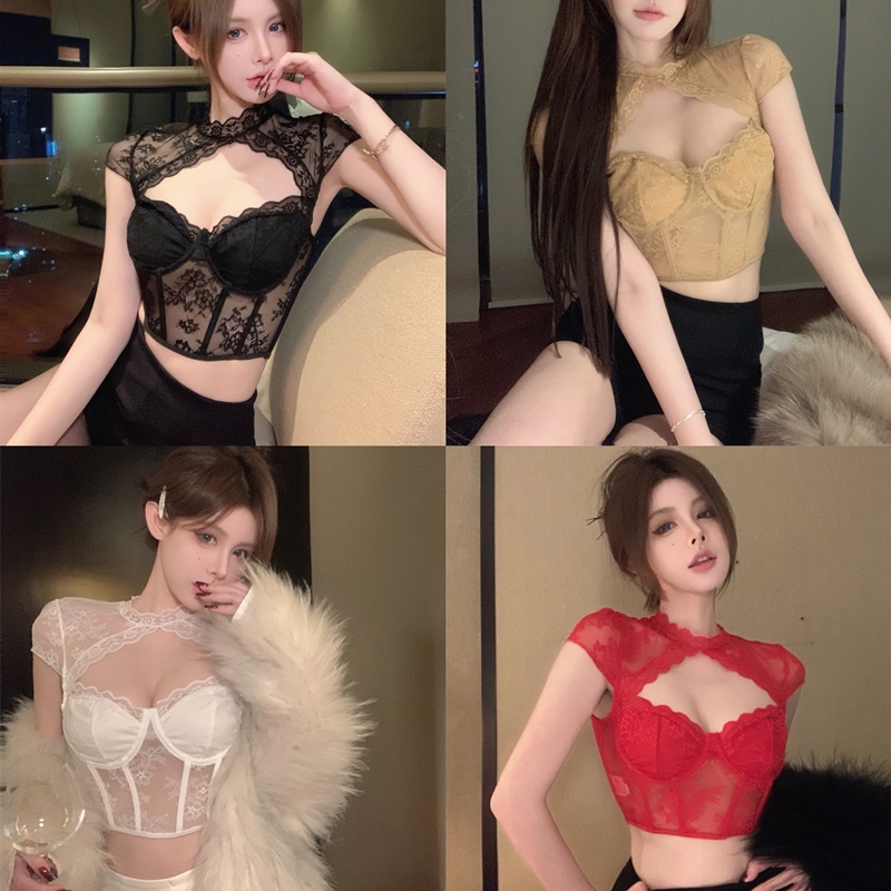 Actual shot ~ Pure Desire Sexy Halter Neck Lace Bottoming Low Collar Chic Niche French Fishbone Short Top T-shirt