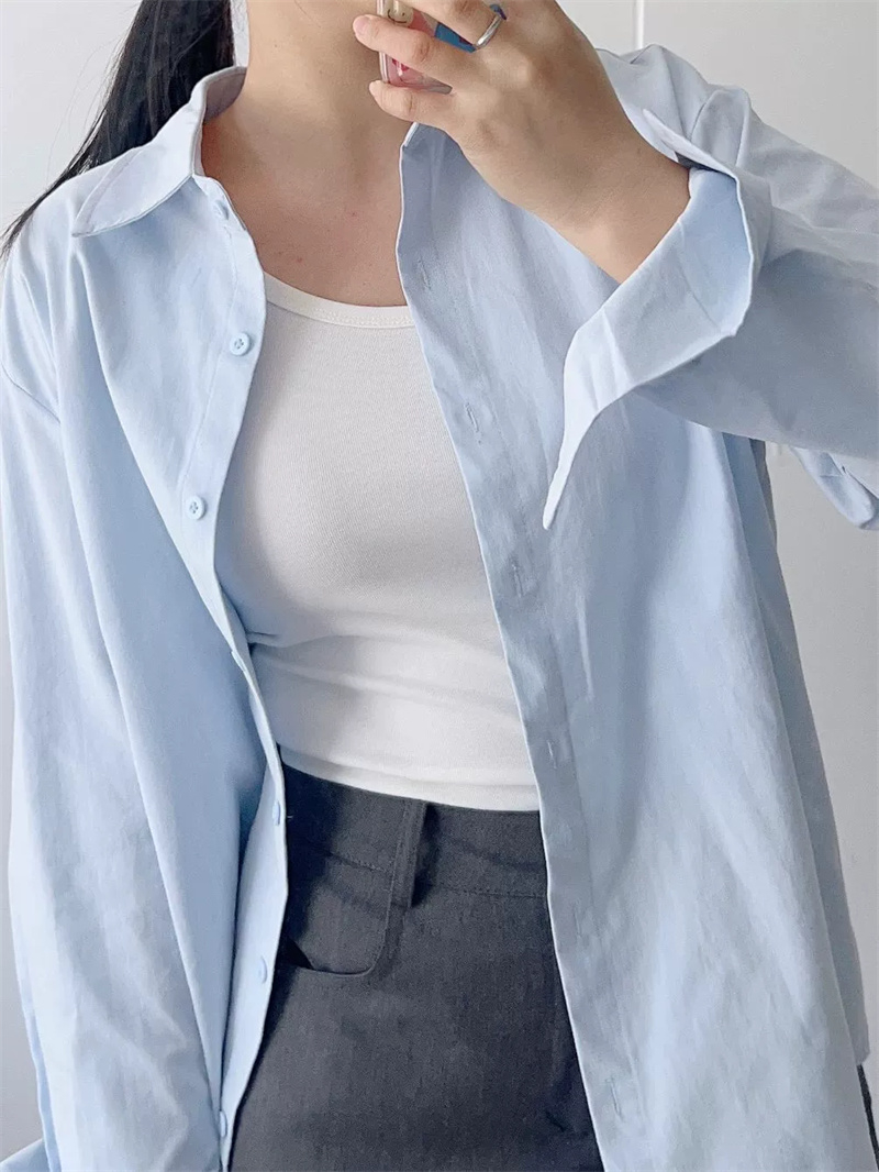 Pure cotton 2024 new solid color shirt blue bottoming long-sleeved top