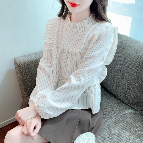 French sweet ruffled white shirt for women spring flying sleeve casual shirt loose long-sleeved babydoll top