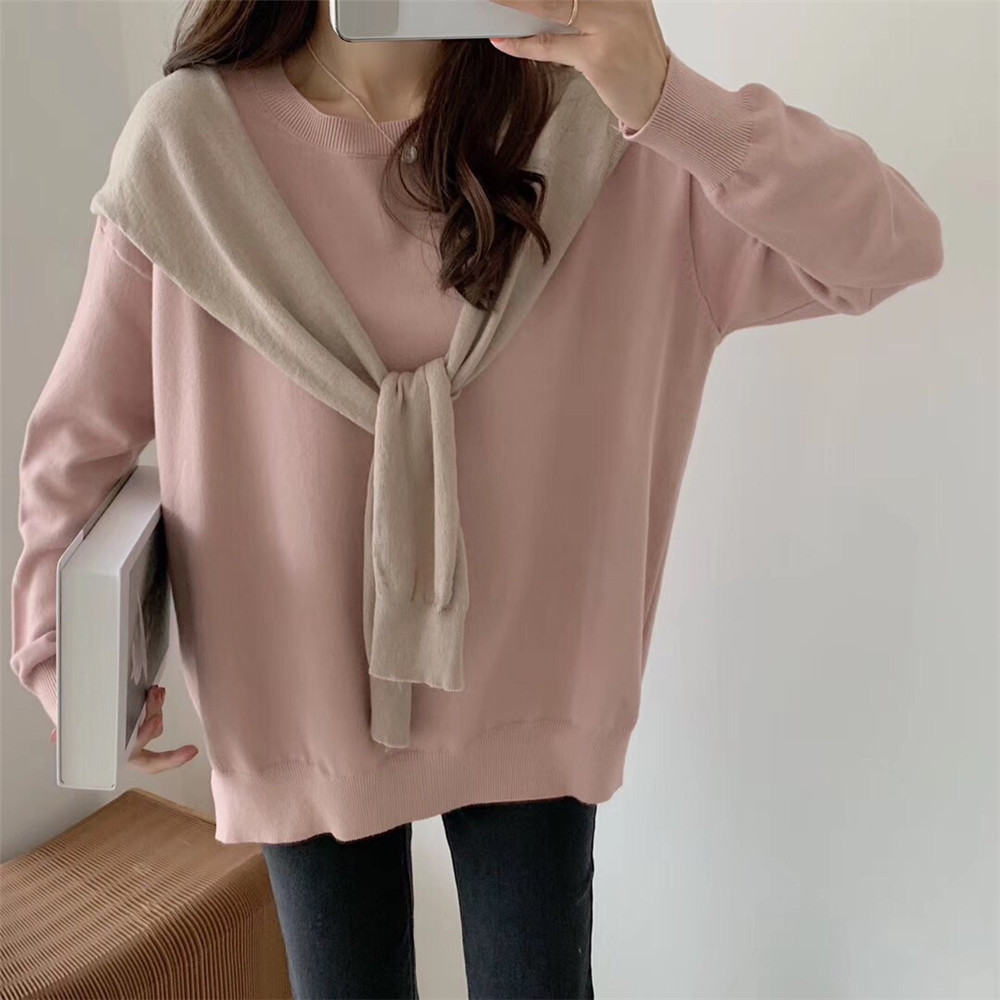 Actual shot of new rabbit velvet round neck core-spun yarn loose sweater + contrasting color shawl two-piece casual suit