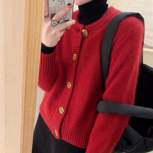 New Japanese high-end soft and lazy style Christmas cardigan knitted jacket red sweater for women