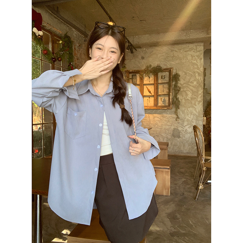Real shot solid color simple loose shirt women's new temperament Polo collar long-sleeved cardigan top