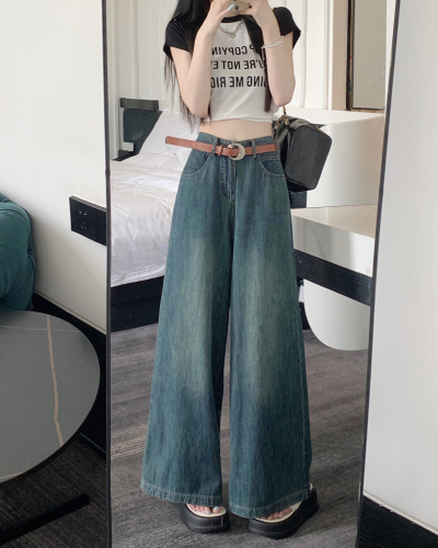 Real shot of thin soft American retro denim big-leg trousers fashionable loose hottie wide-leg pants spring