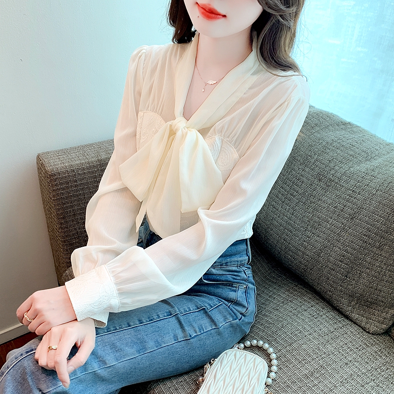 2024 early spring high-end ribbon shirt high-end French elegant professional lantern sleeve chiffon shirt shirt tops for women