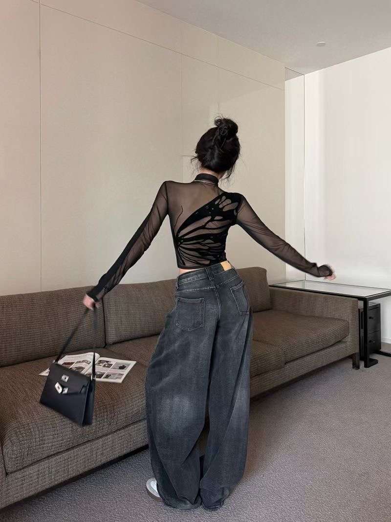 Butterfly mesh splicing half turtleneck long-sleeved T-shirt for women in autumn and winter hot girl short see-through top with bottoming shirt