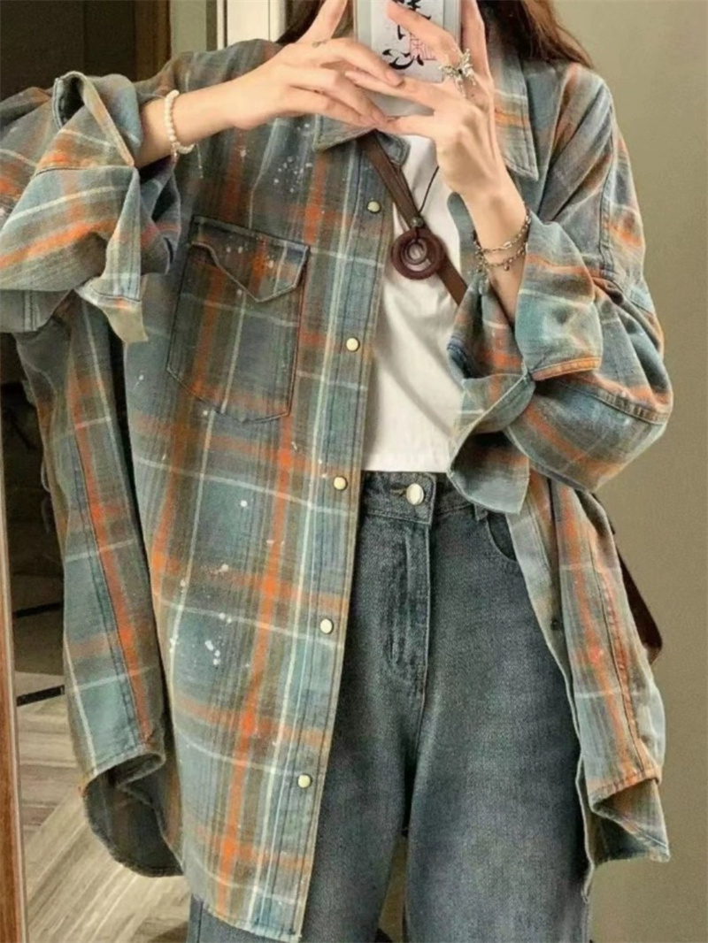 Pure cotton printing 2024 new American plaid shirt early autumn trendy brand loose design top