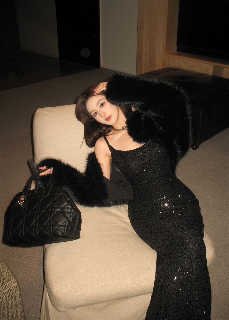 Real shot Fashion~Retro style slimming black sequined suspender dress