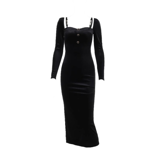 French suspender black velvet dress for women spring and autumn new bottoming slimming skirt long sleeve slit long skirt