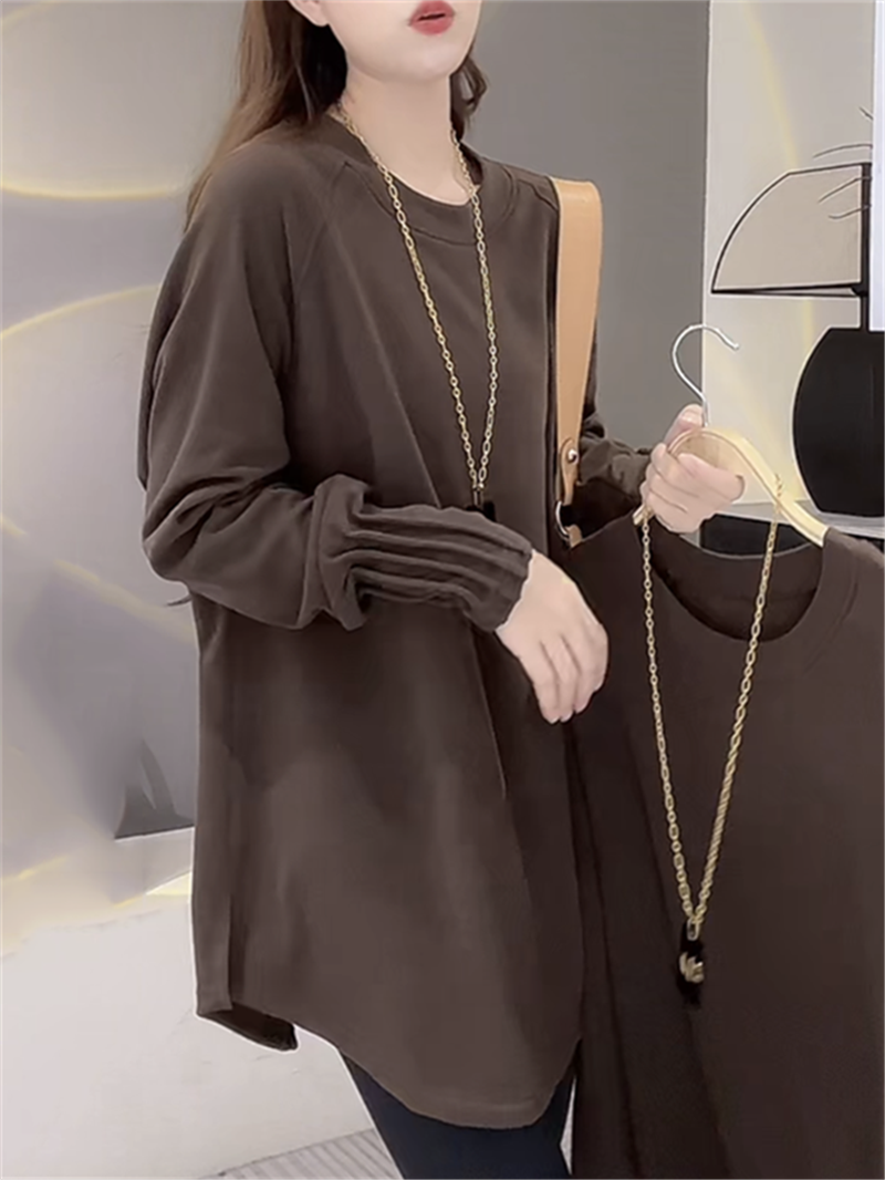 German velvet brushed plus velvet mid-length T-shirt women's long-sleeved autumn and winter pleated sleeves curved slit loose ins bottoming top