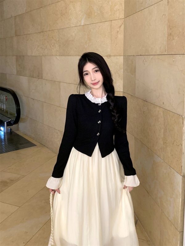 實拍~復古溫柔假兩件連衣裙內搭a字中長款甜美森女顯瘦公主裙