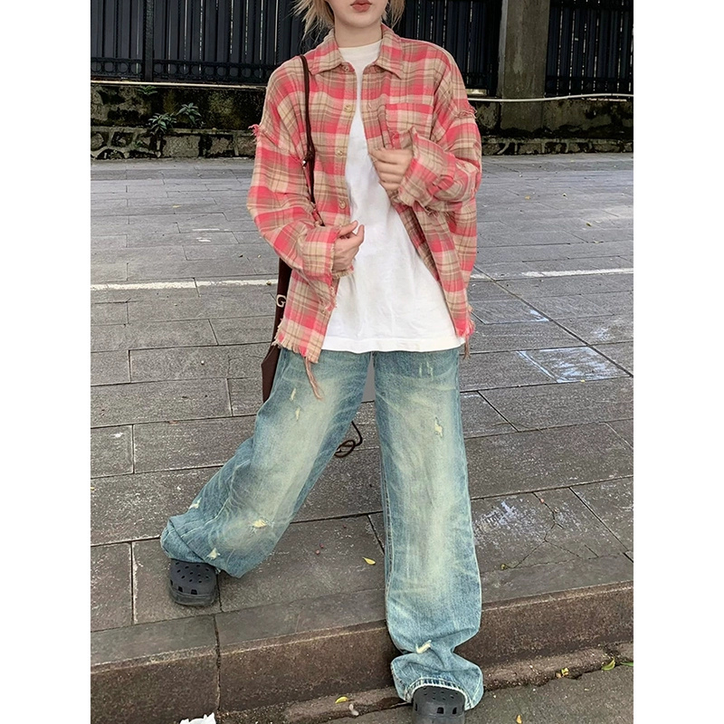 Pure cotton American plaid shirt 2024 new long-sleeved couple loose tassel raw edge top