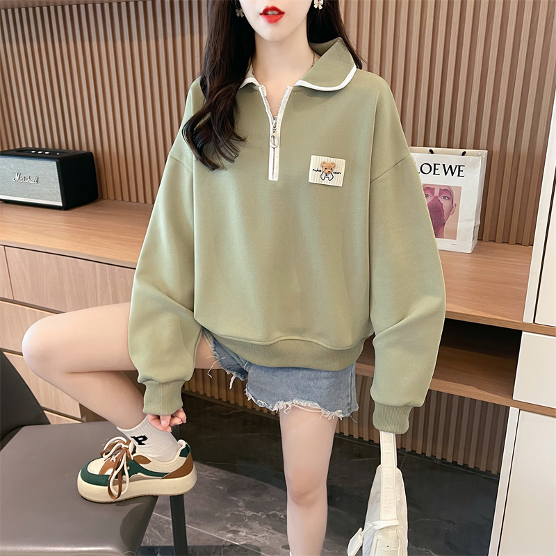 First real shot of imitation cotton Chinese cotton with 350g CVC thread early autumn small POLO collar long-sleeved sweatshirt for women