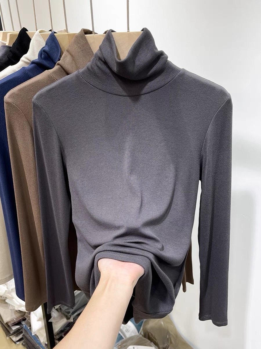 European threaded high-neck long-sleeved T-shirt for women 2024 new autumn and winter slim-fitting and stylish inner wear thin bottoming shirt top