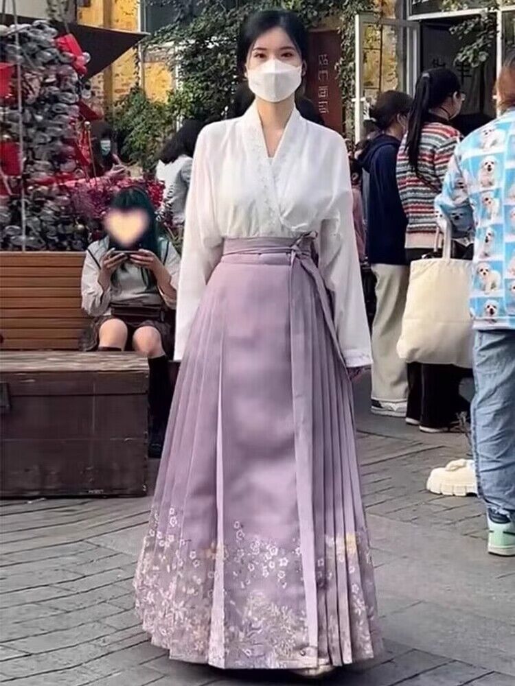 新中式國風改良v領白襯衫上衣女春秋超仙紫色馬面裙日常漢服套裝