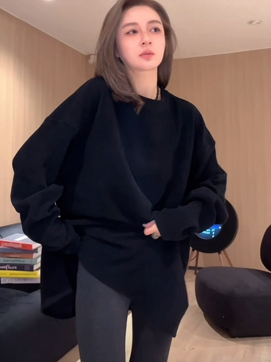 380g pit strip thickened sweatshirt for women Korean textured spring and autumn mid-length loose large size long-sleeved T-shirt ins top