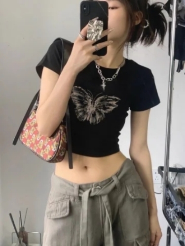 92 Cotton / 8 Spandex American Retro Black Straight Shoulder Short Sleeve T-Shirt for Women Summer Melange Fashion French Waist Cincher