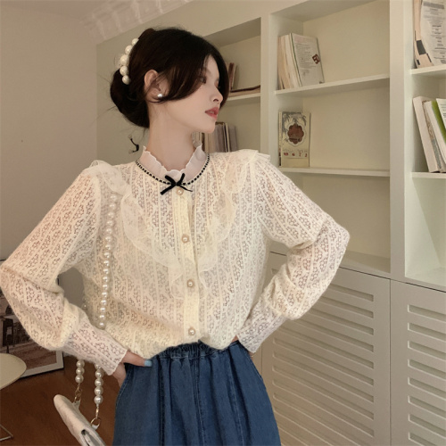 2024 new fashionable and versatile sweet age-reducing ruffled velvet lace bottoming shirt women's shirt real shot