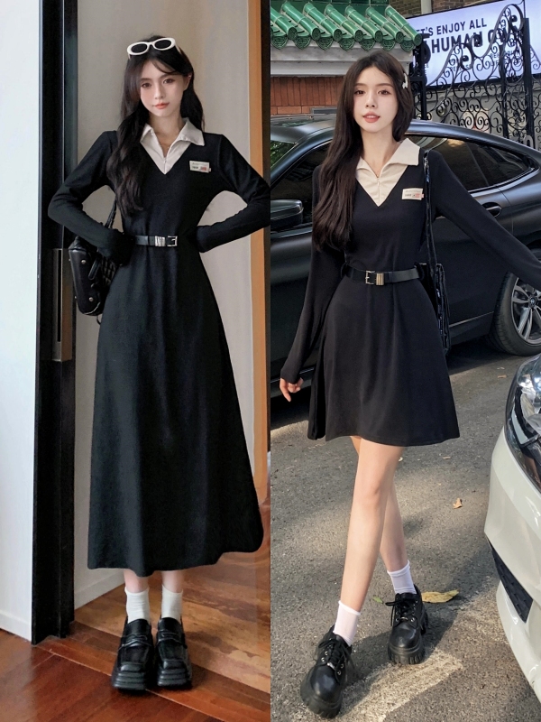實拍~ 學院風polo領長袖假兩件連衣裙女秋季新款胖mm收腰A字
