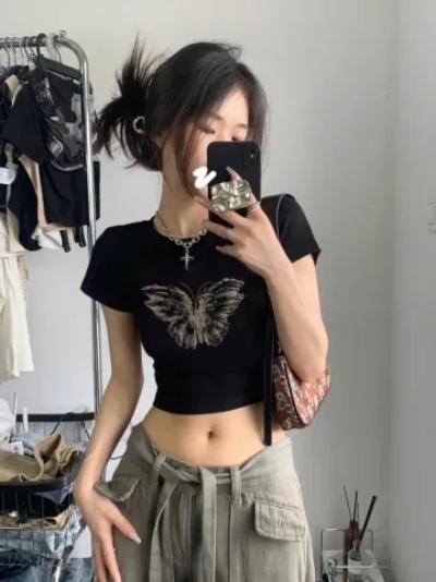 92棉/8氨綸美式復古黑色正肩短袖t恤女夏季美拉德穿搭法式掐腰