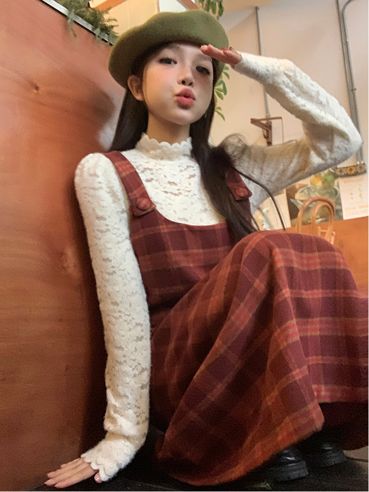 實拍 早春韓chic新年紅撞色格子連衣裙