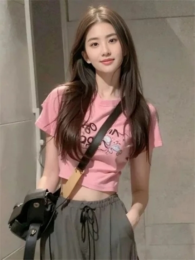 粉色甜美式正肩短袖T恤女2024新款夏甜辣妹修身顯瘦漏臍短款上衣
