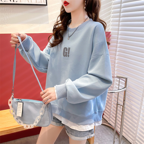 First real shot of fish scale design sweatshirt for women fake two pieces new spring and autumn foam large size loose top