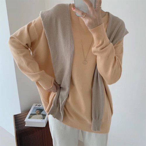 Actual shot of new rabbit velvet round neck core-spun yarn loose sweater + contrasting color shawl two-piece casual suit