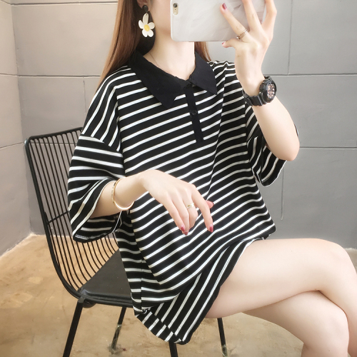 Actual shot of 32 yarn-dyed strips/95 cotton 5 spandex summer wear new Korean version POLO collar striped short-sleeved women