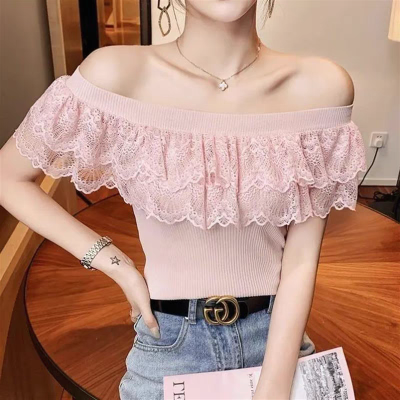 New slim and sexy one-shoulder exposed collarbone top lace stitching ice silk sweater for women