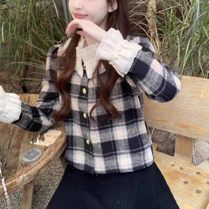 Retro plaid shirt doll collar sweet long-sleeved French niche short coat women's 2024 spring, autumn and winter tops