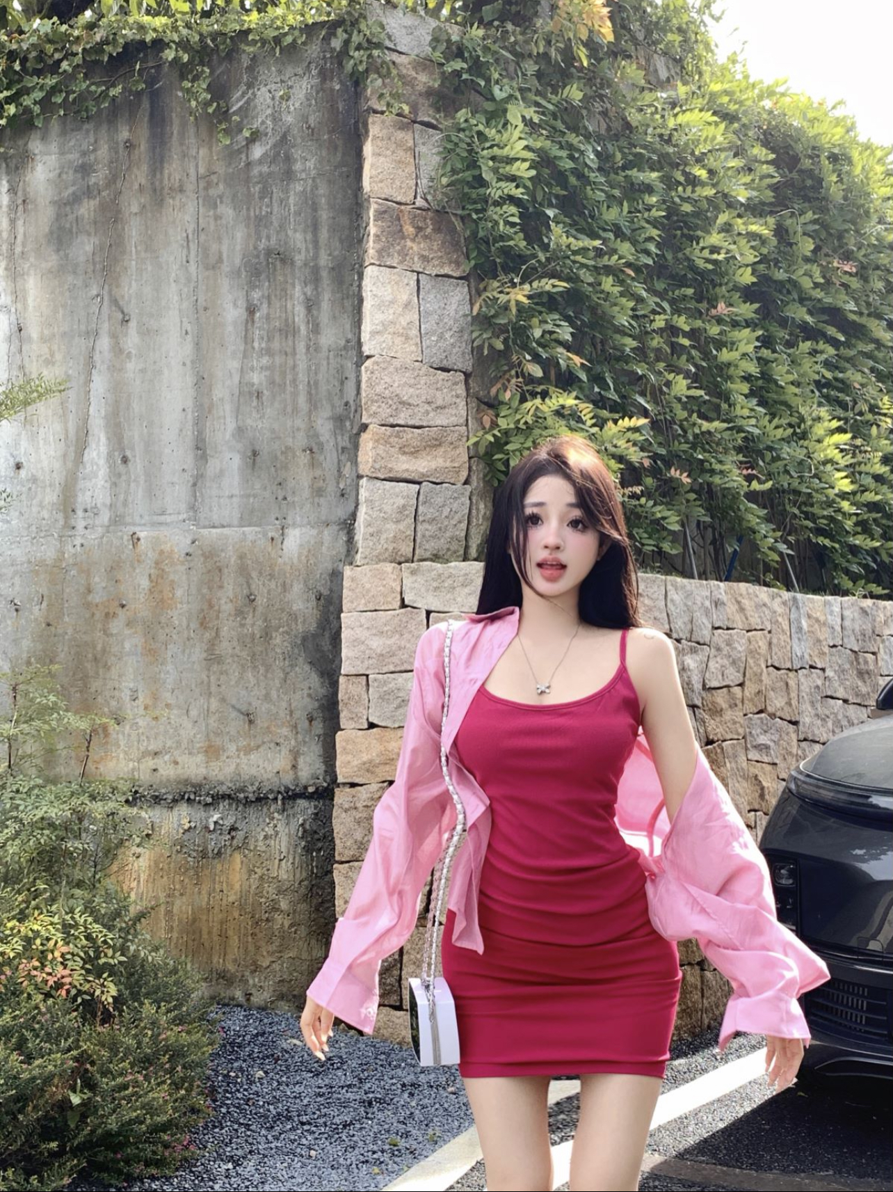 Real shot of colorful dopamine sexy hot girl slim slim suspender dress female hip skirt shirt suit