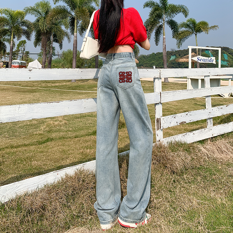 High-waisted wide-leg jeans for women new 2024 spring embroidered narrow version straight-leg loose slimming drape floor-length pants