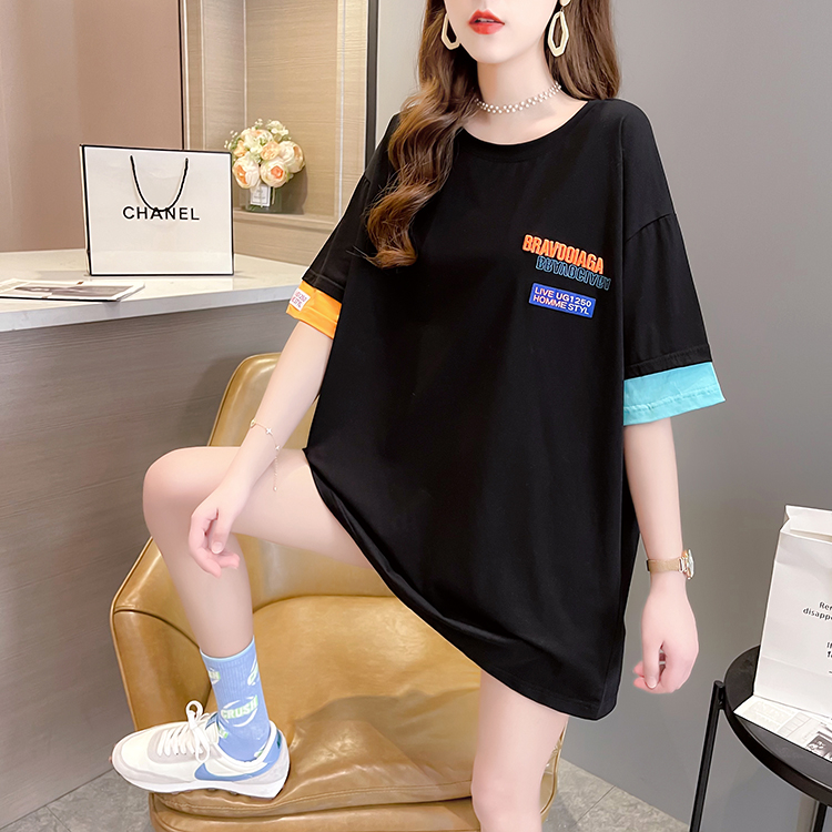 Real shot 65/35 cotton summer new Korean style loose fake two-piece short-sleeved T-shirt for women