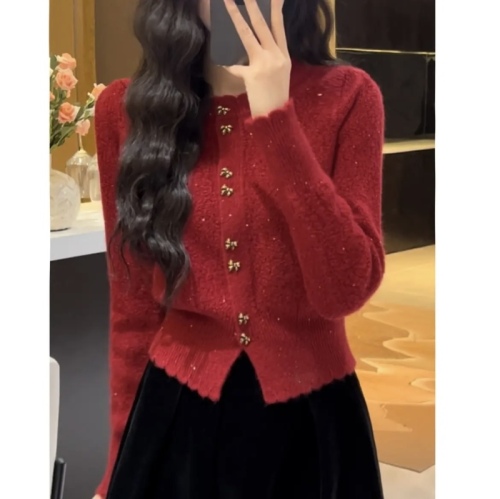 Red berry autumn and winter new style small fragrant butterfly gold button sweater women's long-sleeved solid color versatile sweater cardigan trendy