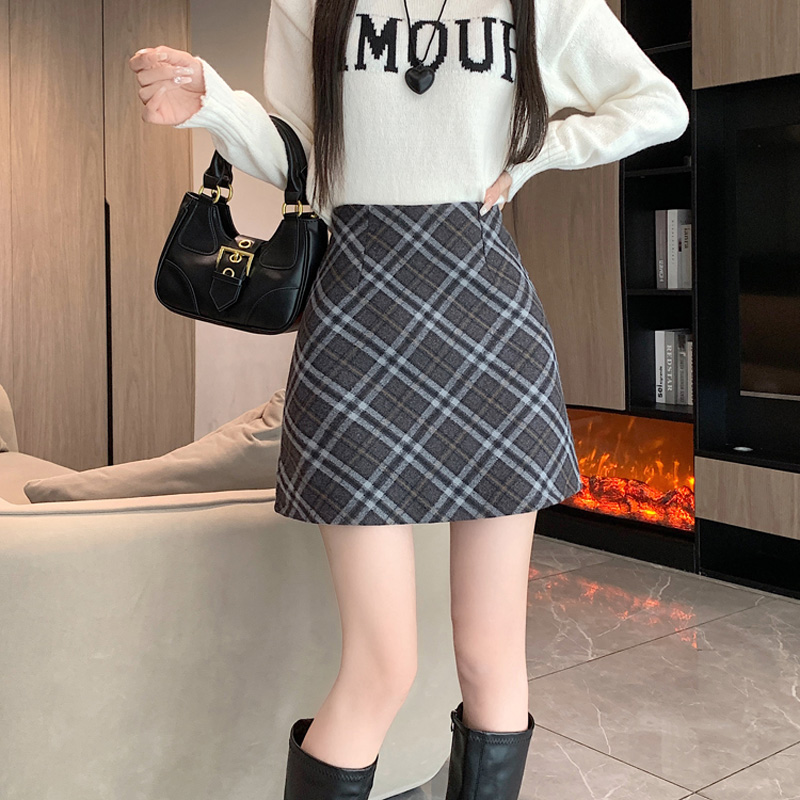 Actual shot ~ Contrast color plaid woolen skirt for women in autumn and winter, high-waisted slimming woolen A-line skirt for small people