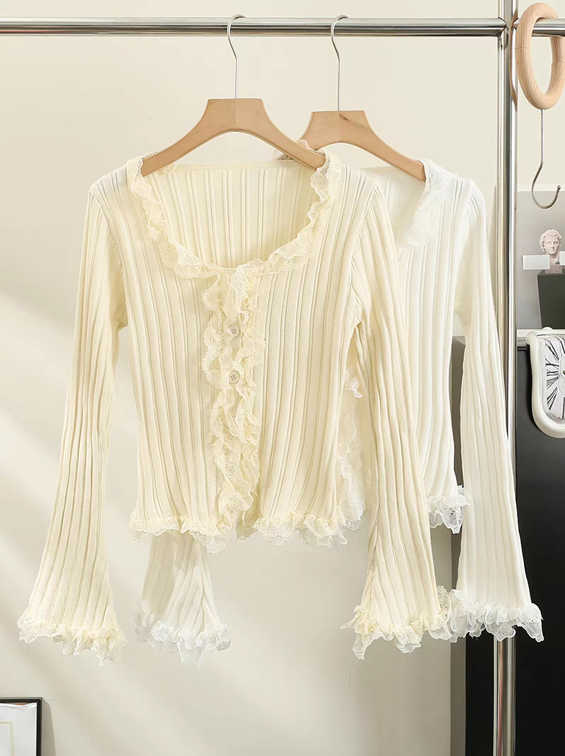 Maillard brown sweater bottoming shirt for women autumn and winter fur inner lace sweater square neck chiffon splicing top