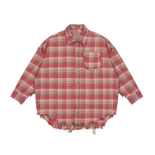 Pure cotton American plaid shirt 2024 new long-sleeved couple loose tassel raw edge top