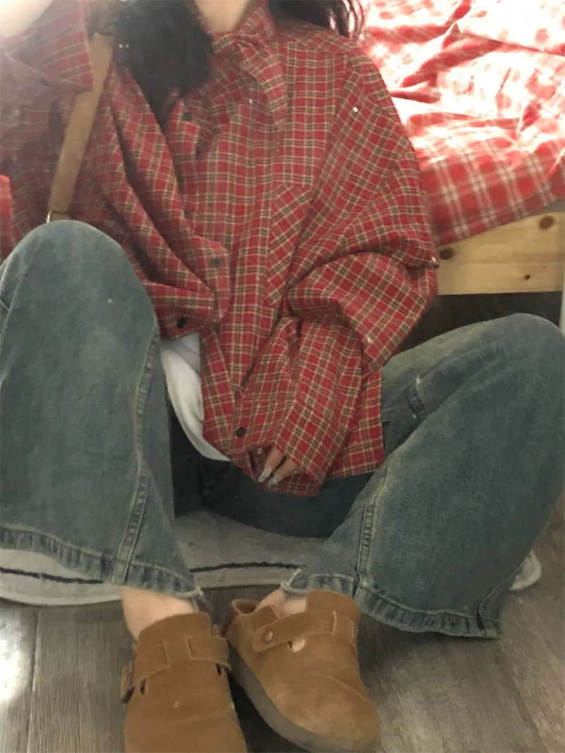 55棉45滌美式復古慵懶風寬鬆格子長袖襯衫女春秋薄款上衣