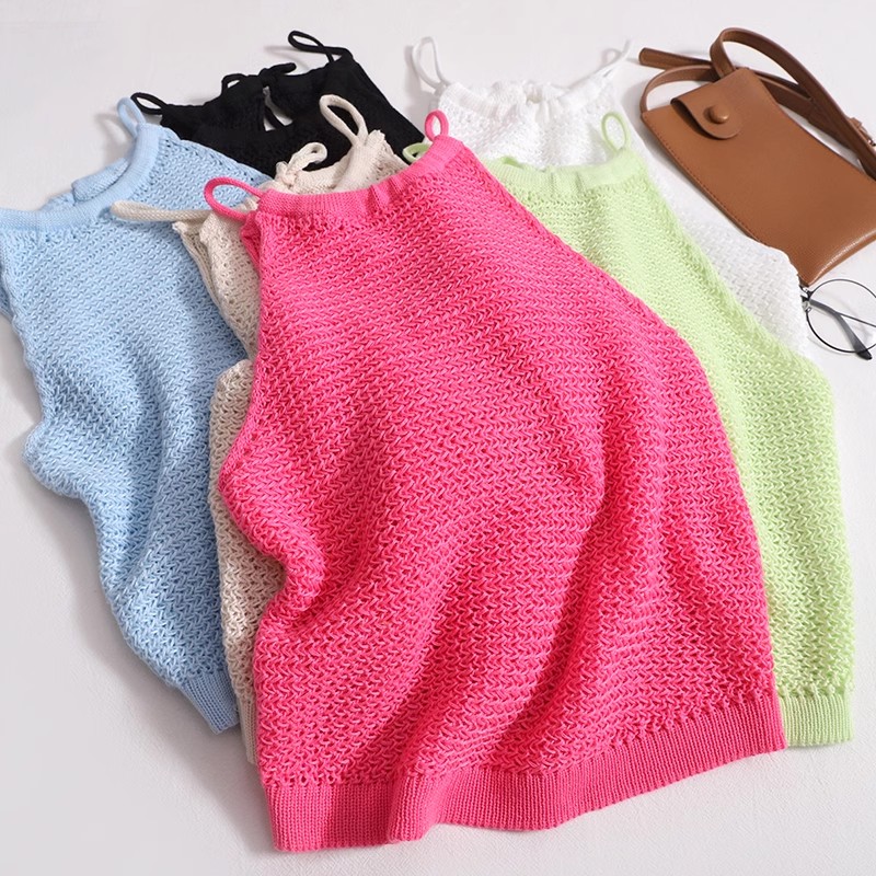 Designed backless lace-up knitted camisole summer new versatile slim short hollow Korean style outer vest