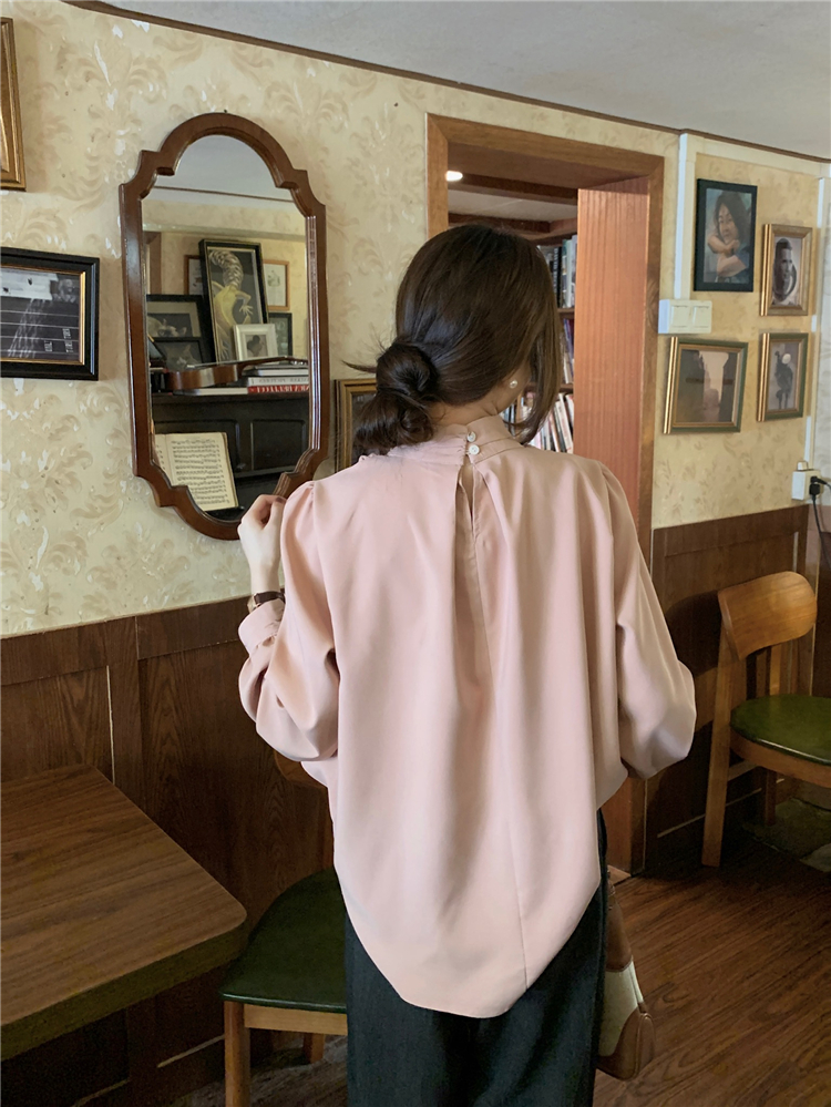 Real shot!  Early Spring Korean Retro Loose Slim Tops Niche Design Stand Collar Long Sleeve Versatile Shirt