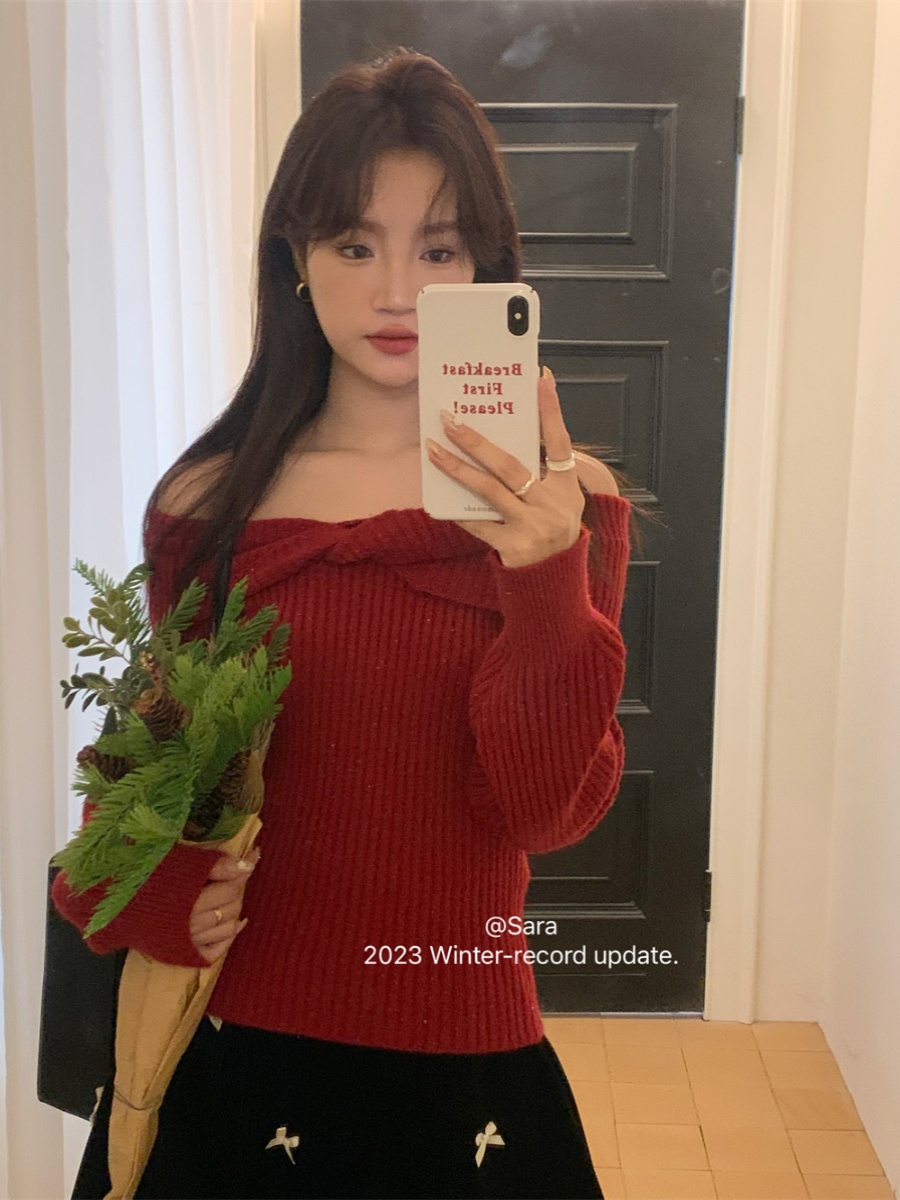SARA autumn and winter Korean style loose solid color women's slim and sweet one-shoulder design warm knitted sweater