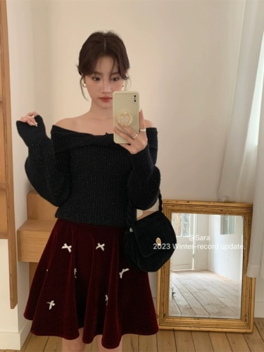 SARA autumn and winter Korean style loose solid color women's slim and sweet one-shoulder design warm knitted sweater