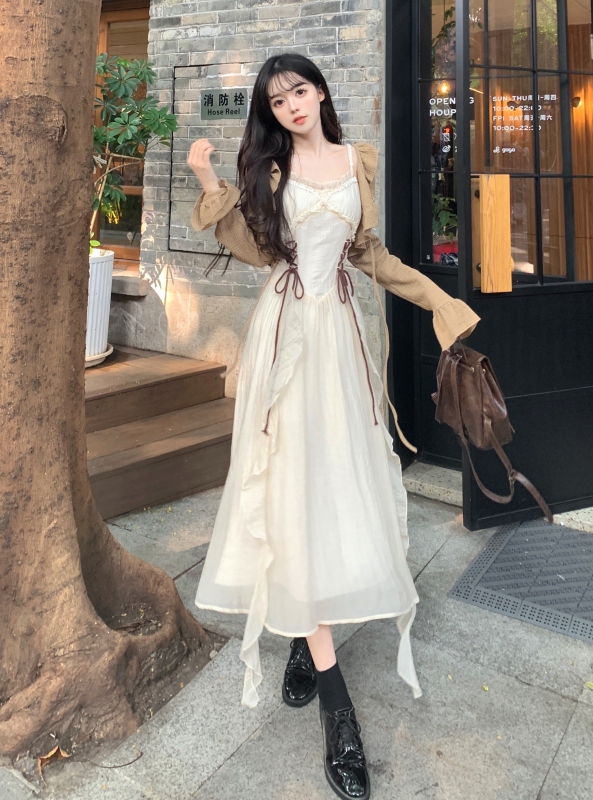 實拍~ 胖mm波西米亞仙女吊帶長裙+減齡百搭開衫顯瘦兩件套