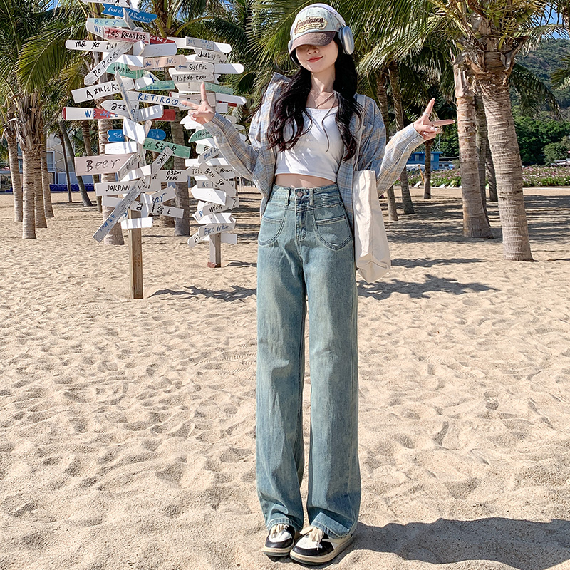 實拍~懷舊藍牛仔闊腿褲女2024春季新款窄版個性多口袋顯瘦直筒褲
