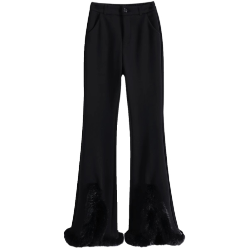 加绒裤女新款2024小个子黑色网红喇叭裤高腰显瘦开叉