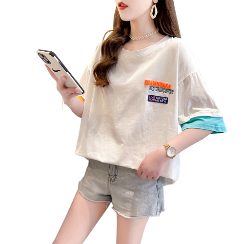 Real shot 65/35 cotton summer new Korean style loose fake two-piece short-sleeved T-shirt for women