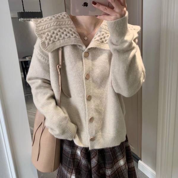 New style doll collar long-sleeved top coat loose and versatile outer wear knitted cardigan sweater coat for women