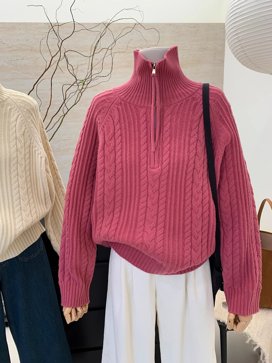 Half-zip half-turtleneck sweater bottoming shirt for women with coat autumn and winter cashmere lapel heavy-duty twist thickened top