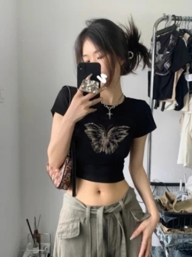 92 Cotton / 8 Spandex American Retro Black Straight Shoulder Short Sleeve T-Shirt for Women Summer Melange Fashion French Waist Cincher