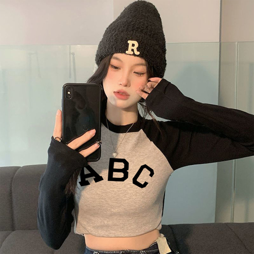 Odell 92 cotton 8 spandex niche fashion American retro splicing top spring and autumn new long-sleeved round neck T-shirt